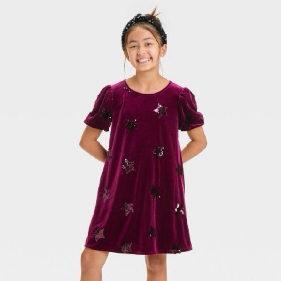 Cat & Jack Other - Girls' Short Sleeve Sequin 'Star' Velour Dress - Cat & Jack™ Burgundy
